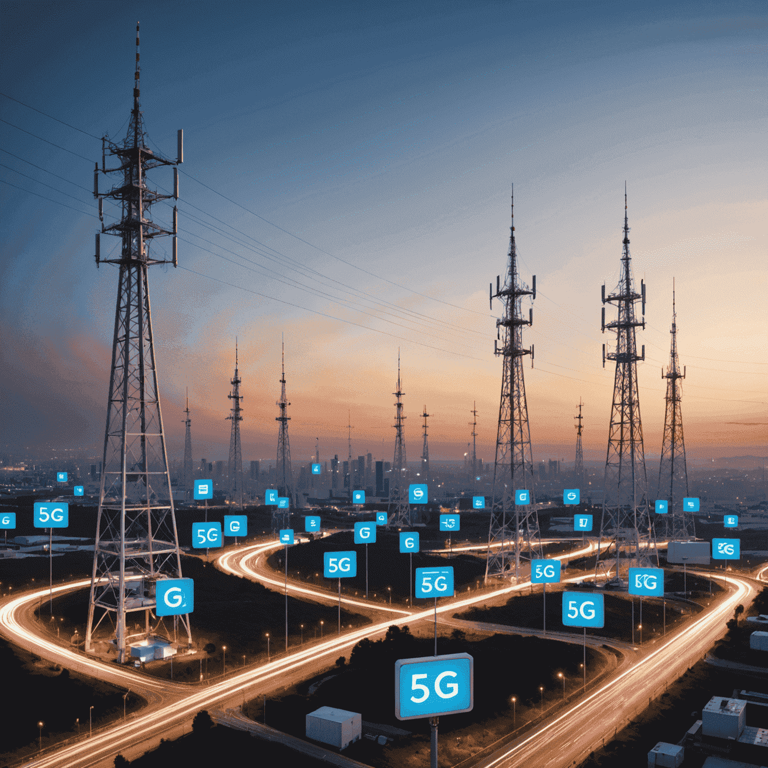 صورة توضيحية لتقنية الجيل الخامس 5G مع أبراج اتصالات وأجهزة محمولة متصلة بشبكة عالية السرعة