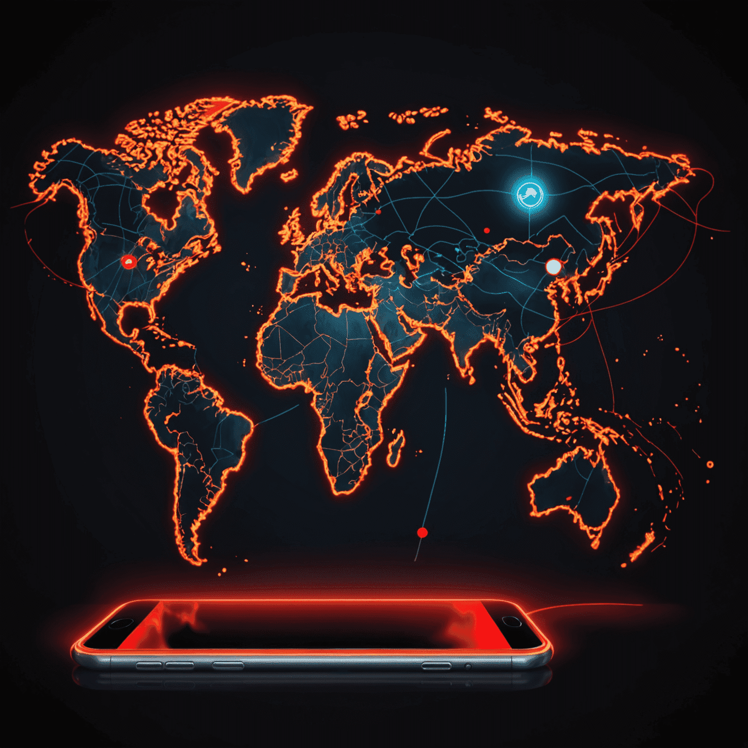 صورة توضيحية لخريطة العالم مع رموز الاتصالات والهواتف المحمولة موزعة على مختلف القارات، مع توهج أحمر نيون يحيط بالخريطة