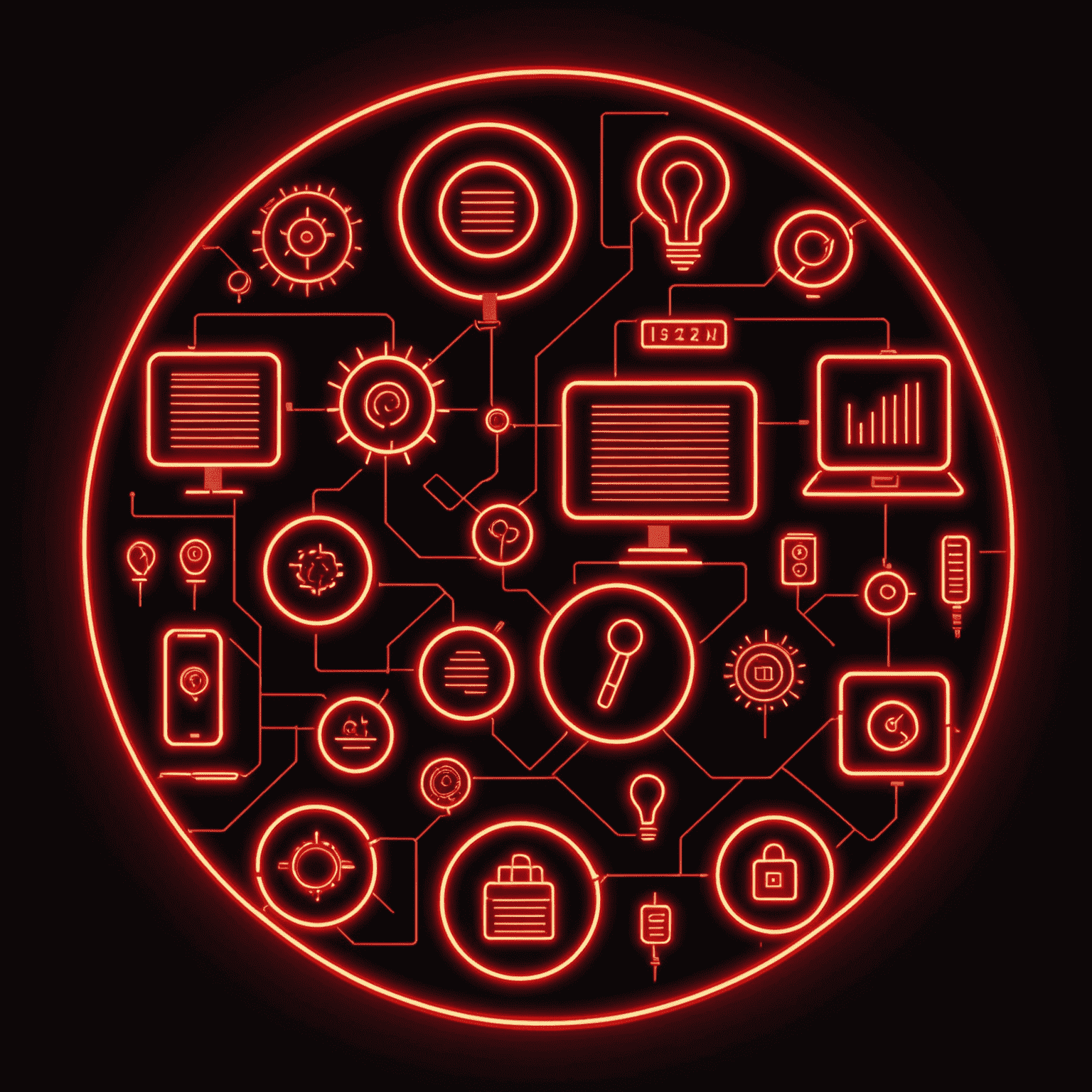 صورة توضيحية للحلول التجارية، تظهر أيقونات لأدوات الأعمال والاتصالات بأسلوب النيون الأحمر
